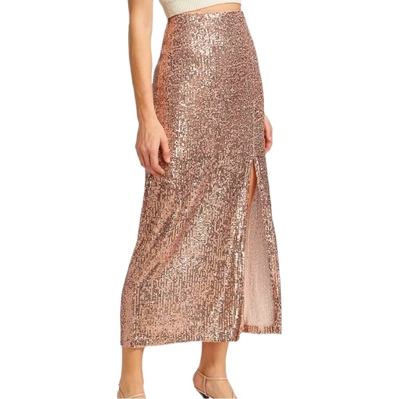 🤗HP Free People Ariana 0, 4, 8 Pink Champagne Allover Sequin Slit Maxi Skirt - Picture 2 of 12